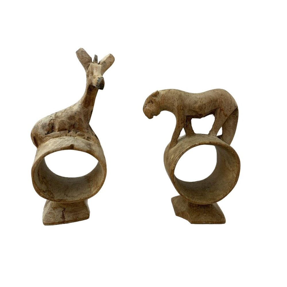 Giraffe & Lioness Wooden Hand-Carved Napkin Holders - 4.75" & 4" Tall